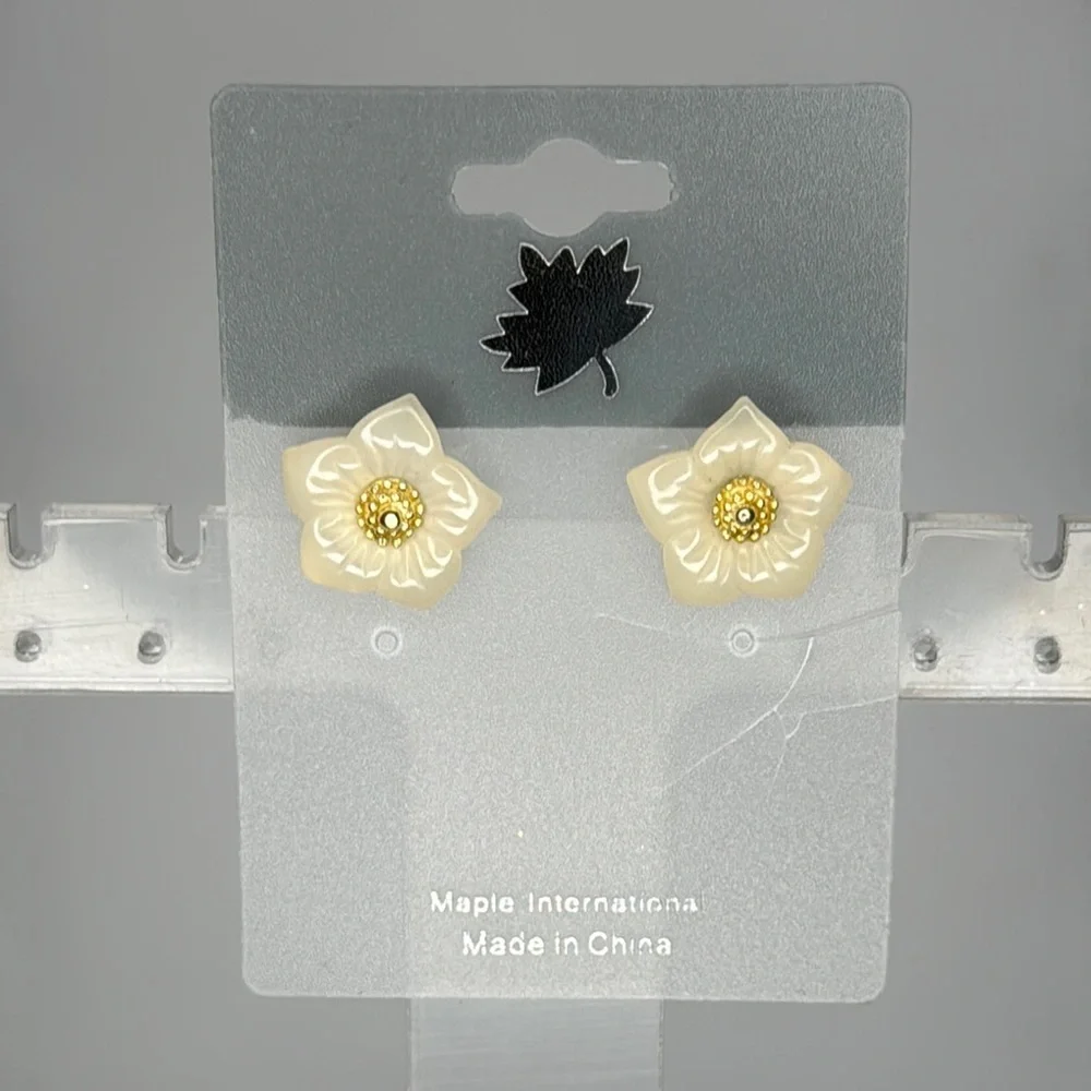 Cream and Yellow Floral Earrings with Textured Design